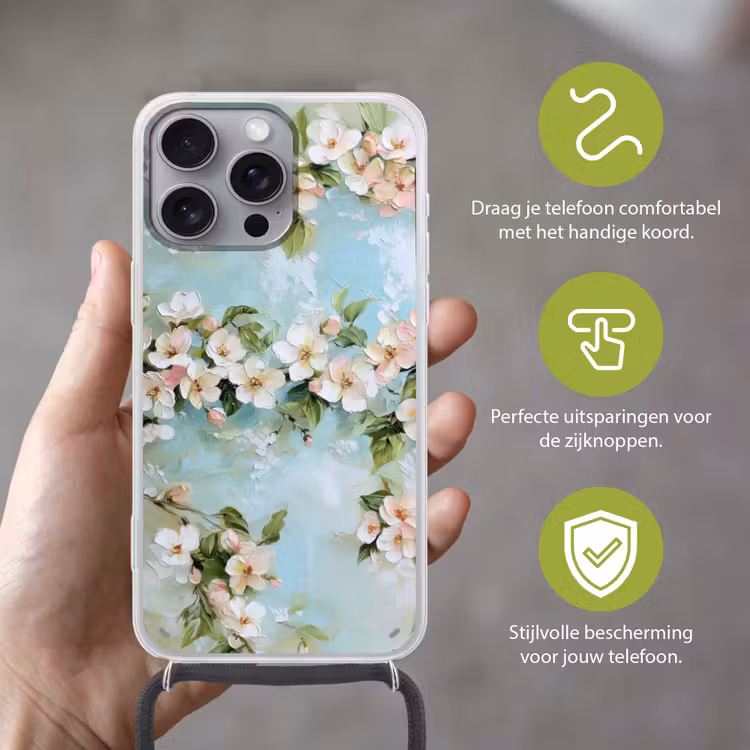 Bloesem - Bladeren - Lichtblauw Hoesje iPhone 16 Pro Max met koord klein -sfeer2_NL