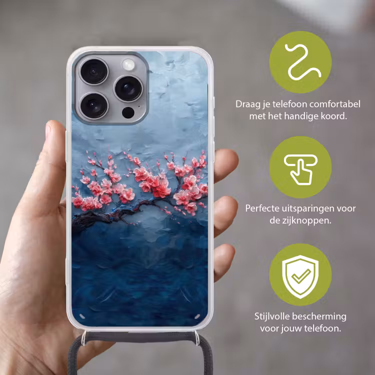 Bloesem - Bloem - Roze - Tak Hoesje iPhone 16 Pro Max met koord klein -sfeer2_NL