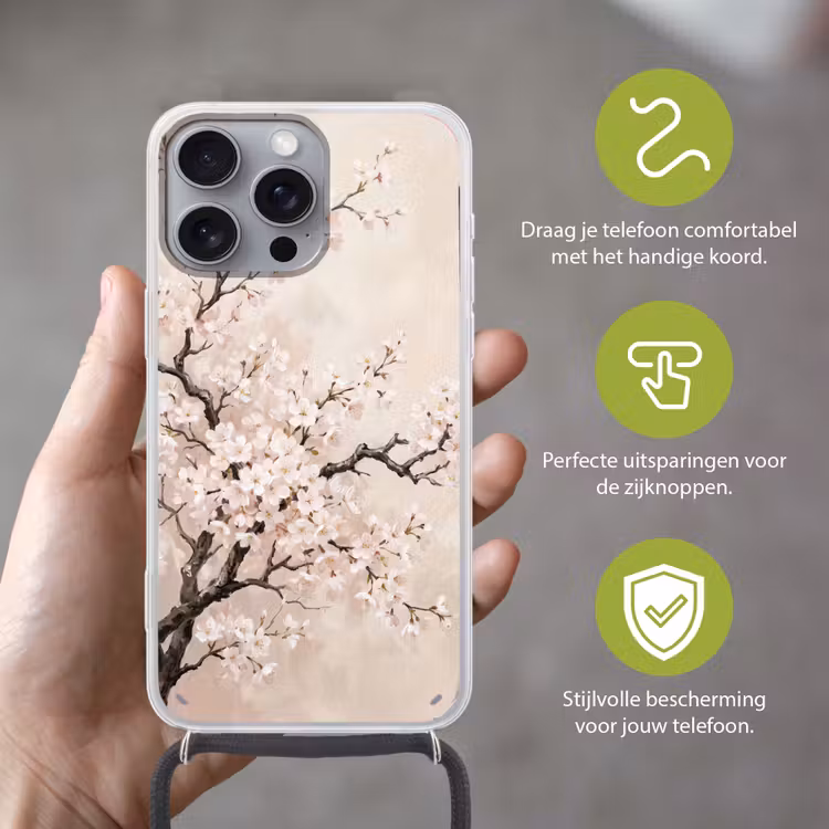 Bloesem - Illustratie - Taupe Hoesje iPhone 16 Pro Max met koord klein -sfeer2_NL