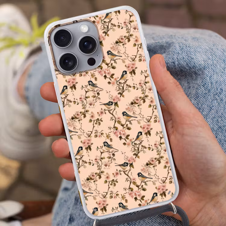 Bloesem - Koolmees - Roze Hoesje iPhone 16 Pro Max met koord klein 804 -sfeer3