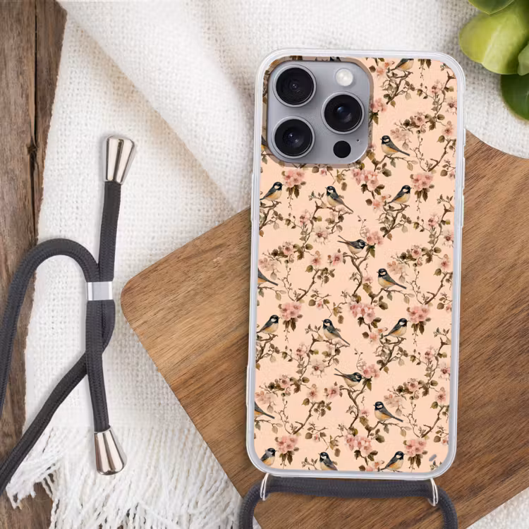 Bloesem - Koolmees - Roze Hoesje iPhone 16 Pro Max met koord klein 804 -sfeer4