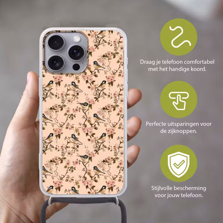 Bloesem - Koolmees - Roze Hoesje iPhone 16 Pro Max met koord klein 804 -sfeer2_NL