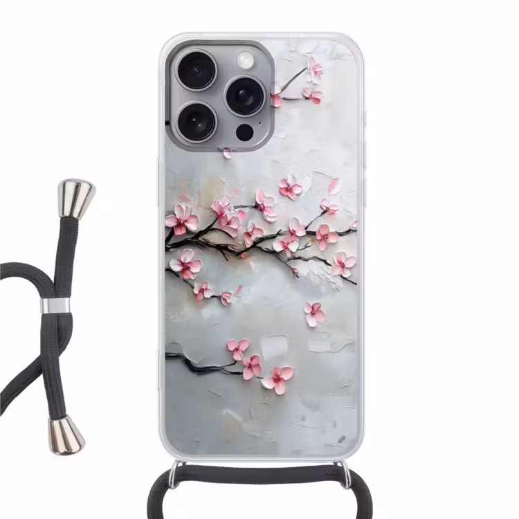 Bloesem - Kunstzinnig - Roze - Sakura Hoesje iPhone 16 Pro Max met koord klein -3d