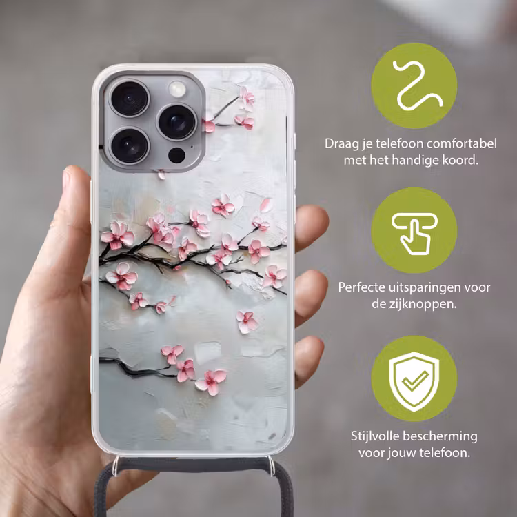 Bloesem - Kunstzinnig - Roze - Sakura Hoesje iPhone 16 Pro Max met koord klein -sfeer2_NL