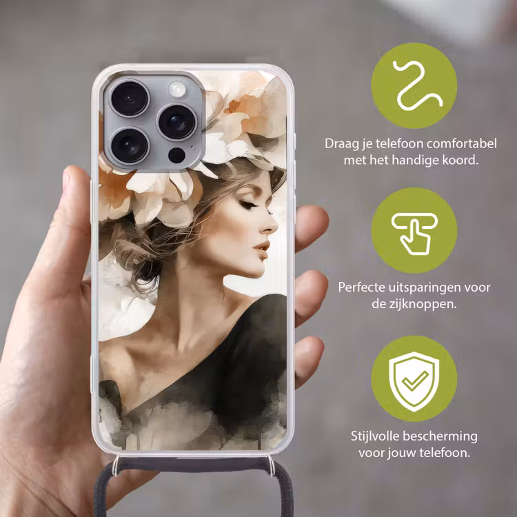 Bloesem - Portret - Gezicht Hoesje iPhone 16 Pro Max met koord klein -sfeer2_NL