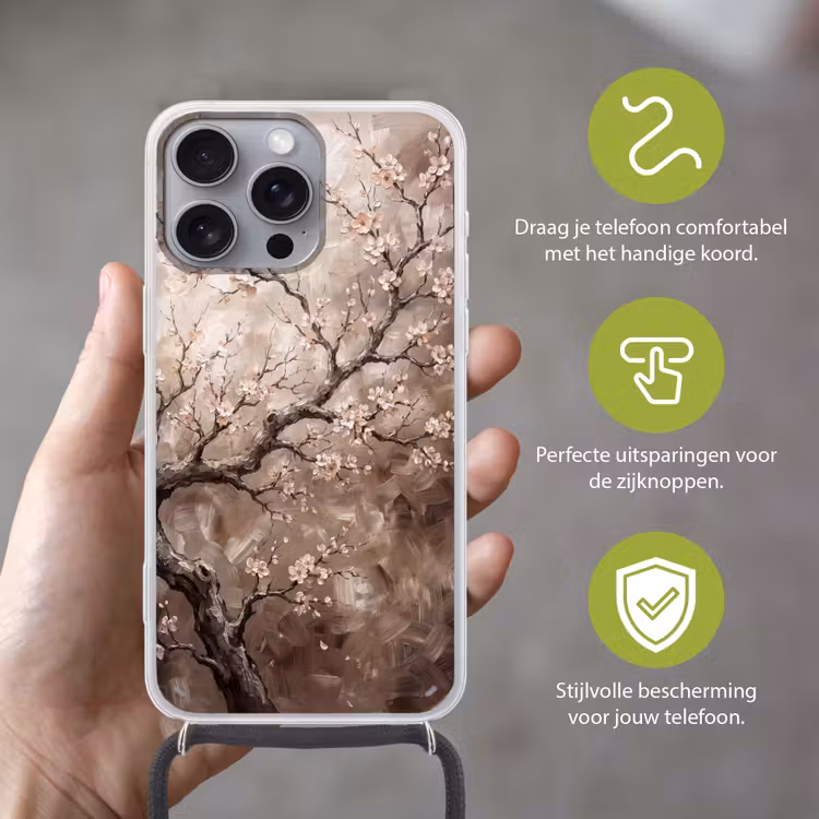Bloesem - Takken - Schilderij - Beige - Serene Hoesje iPhone 16 Pro Max met koord klein -sfeer2_NL