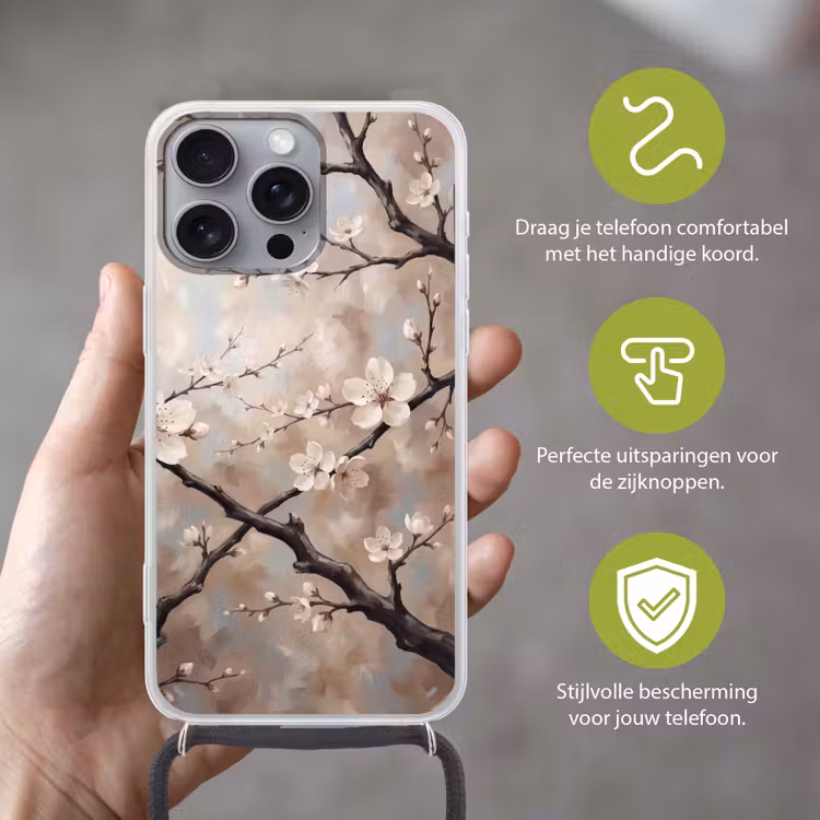 Bloesem - Takken - Schilderij - Beige - Serene Hoesje iPhone 16 Pro Max met koord klein -sfeer2_NL