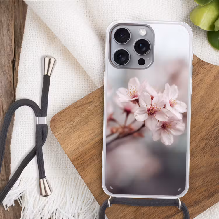 Bloesems - Meeldraden - Geel - Wazig Hoesje iPhone 16 Pro Max met koord klein -sfeer4