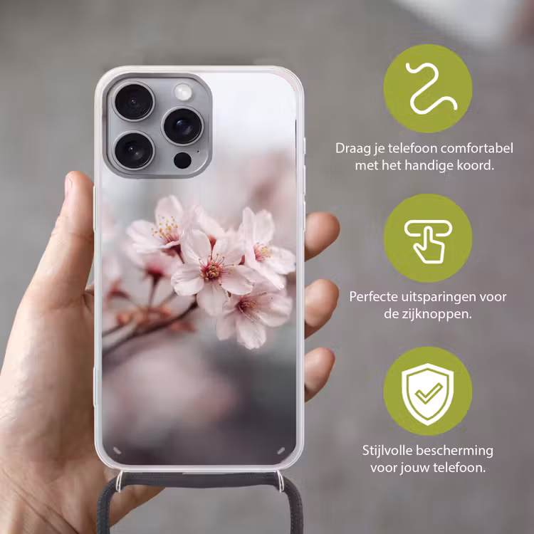 Bloesems - Meeldraden - Geel - Wazig Hoesje iPhone 16 Pro Max met koord klein -sfeer2_NL