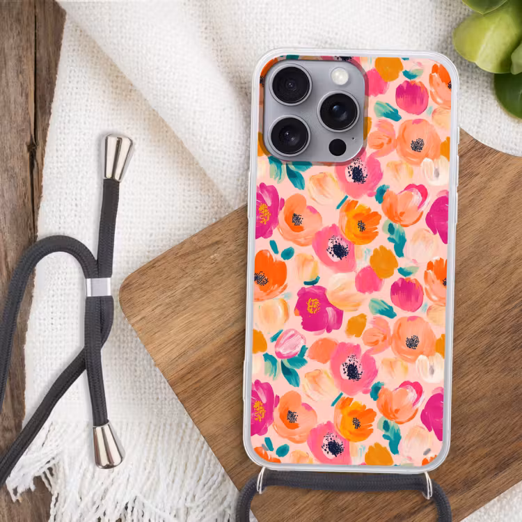 Bloesems - Vrolijk - Kleurrijk Hoesje iPhone 16 Pro Max met koord klein 804 -sfeer4