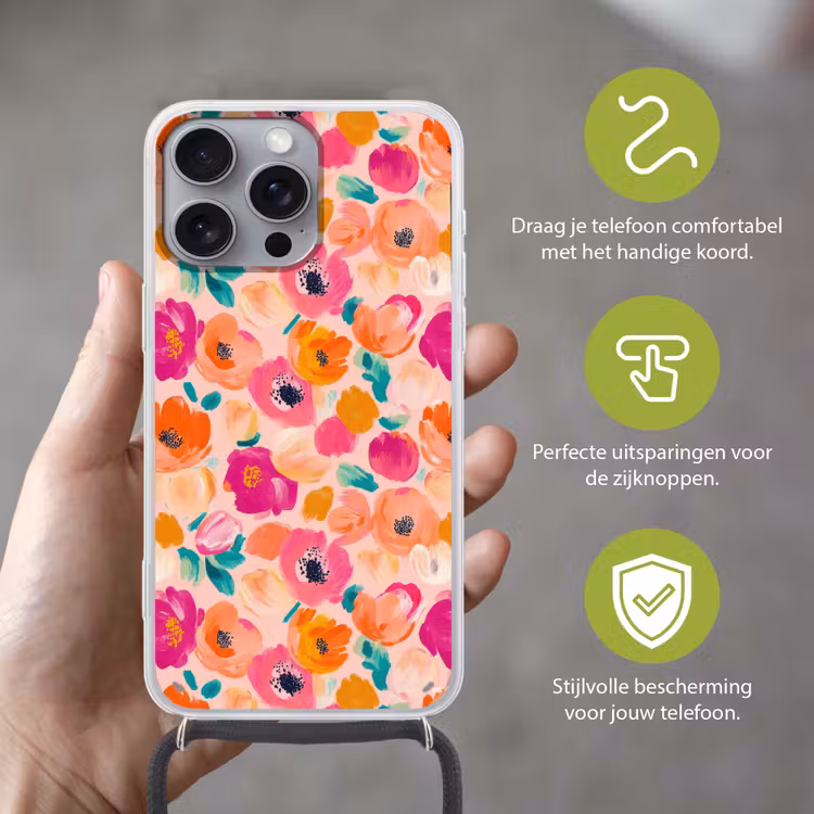 Bloesems - Vrolijk - Kleurrijk Hoesje iPhone 16 Pro Max met koord klein 804 -sfeer2_NL