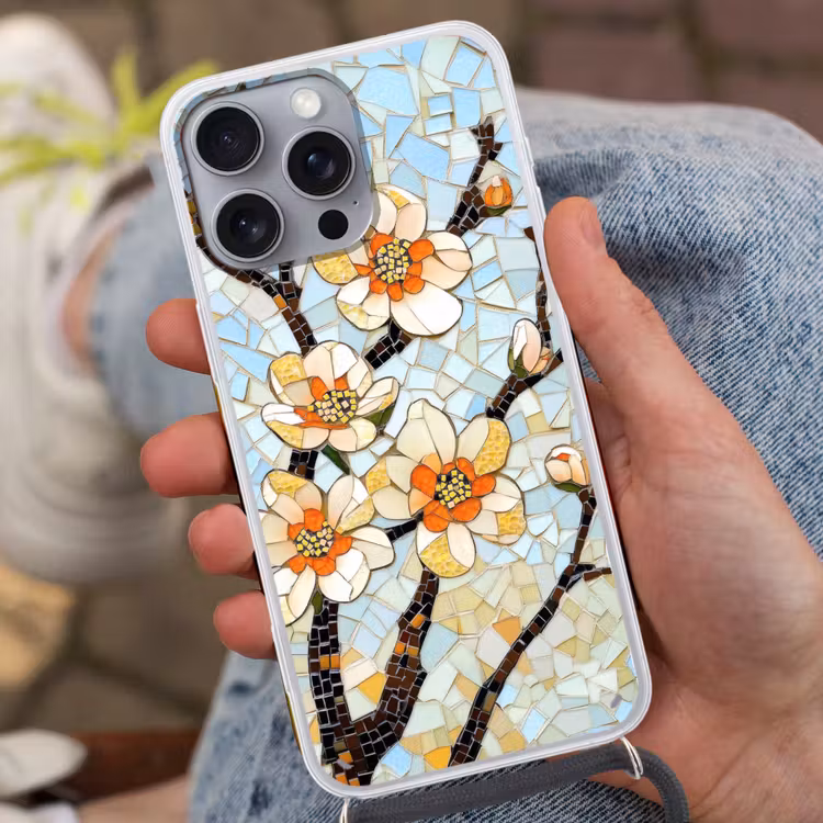 Bloesems - Wit - Mozaïek - Tak Hoesje iPhone 16 Pro Max met koord klein -sfeer3