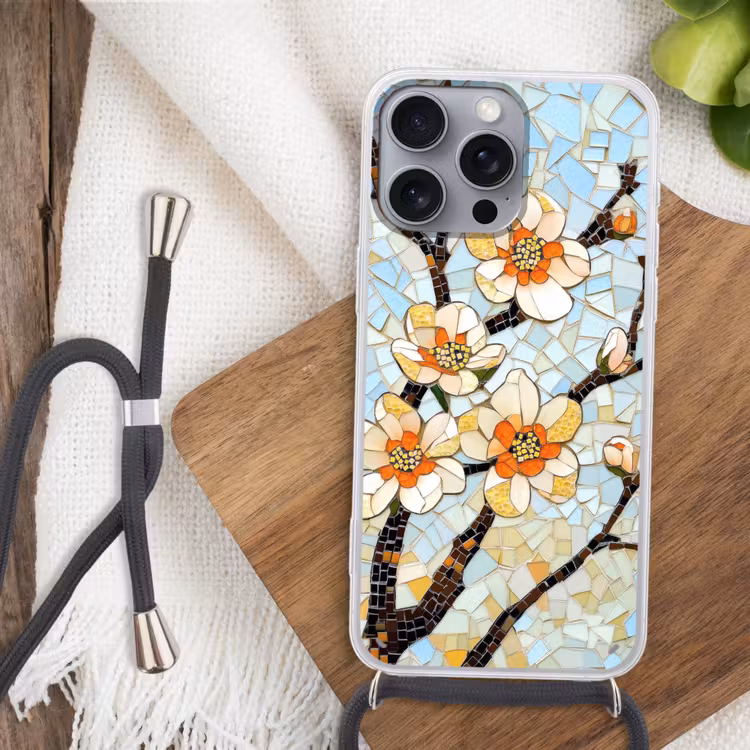 Bloesems - Wit - Mozaïek - Tak Hoesje iPhone 16 Pro Max met koord klein -sfeer4