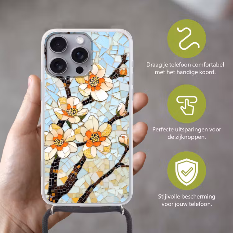 Bloesems - Wit - Mozaïek - Tak Hoesje iPhone 16 Pro Max met koord klein -sfeer2_NL