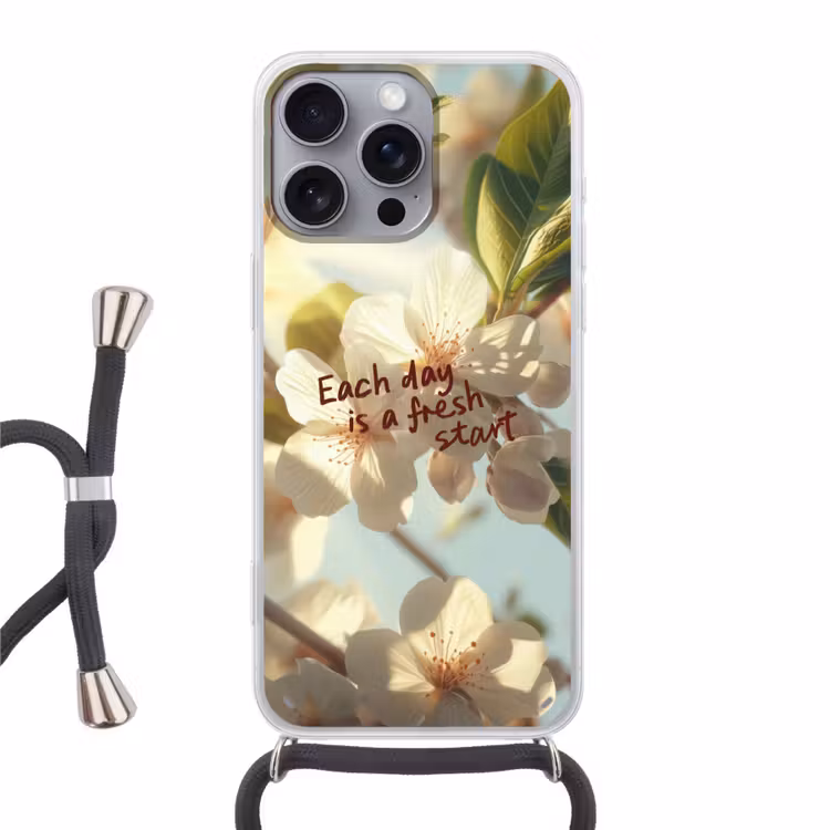 Bloesems - Zonlicht - Quote - Wit Hoesje iPhone 16 Pro Max met koord klein -3d