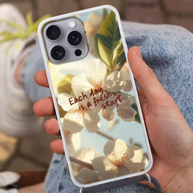 Bloesems - Zonlicht - Quote - Wit Hoesje iPhone 16 Pro Max met koord klein -sfeer3