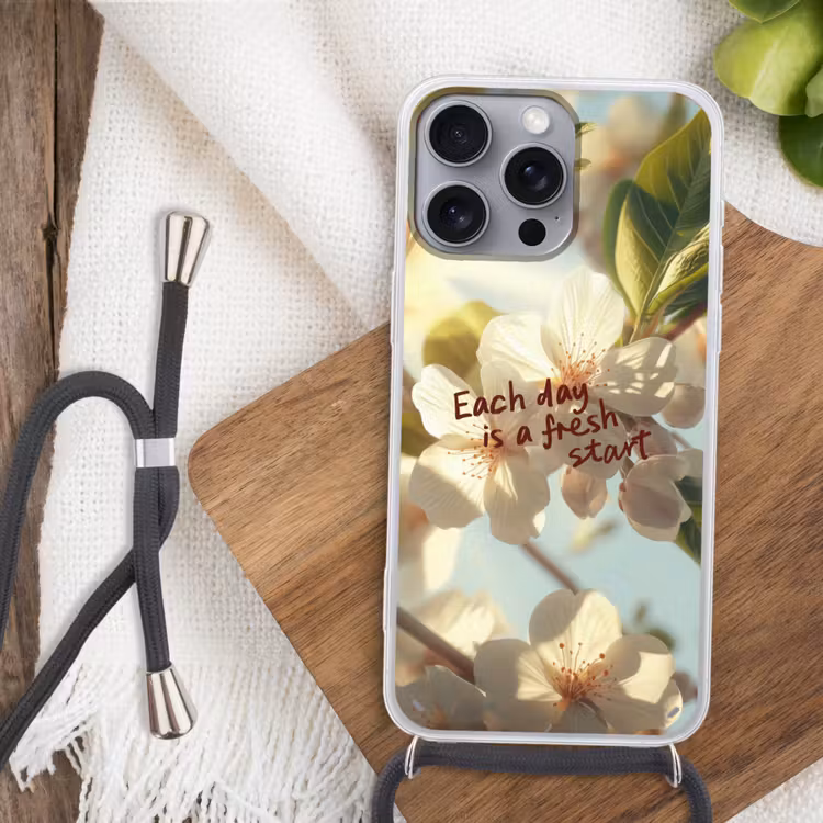 Bloesems - Zonlicht - Quote - Wit Hoesje iPhone 16 Pro Max met koord klein -sfeer4