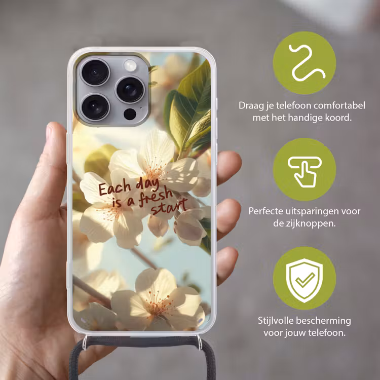 Bloesems - Zonlicht - Quote - Wit Hoesje iPhone 16 Pro Max met koord klein -sfeer2_NL