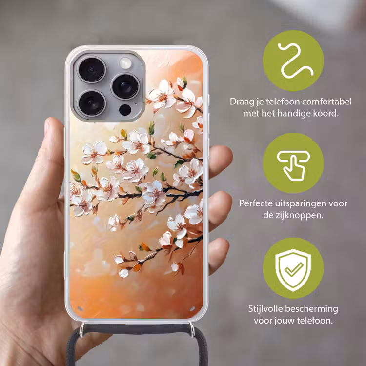 Bloesemtakken - Schilderachtig - Roze Hoesje iPhone 16 Pro Max met koord klein -sfeer2_NL
