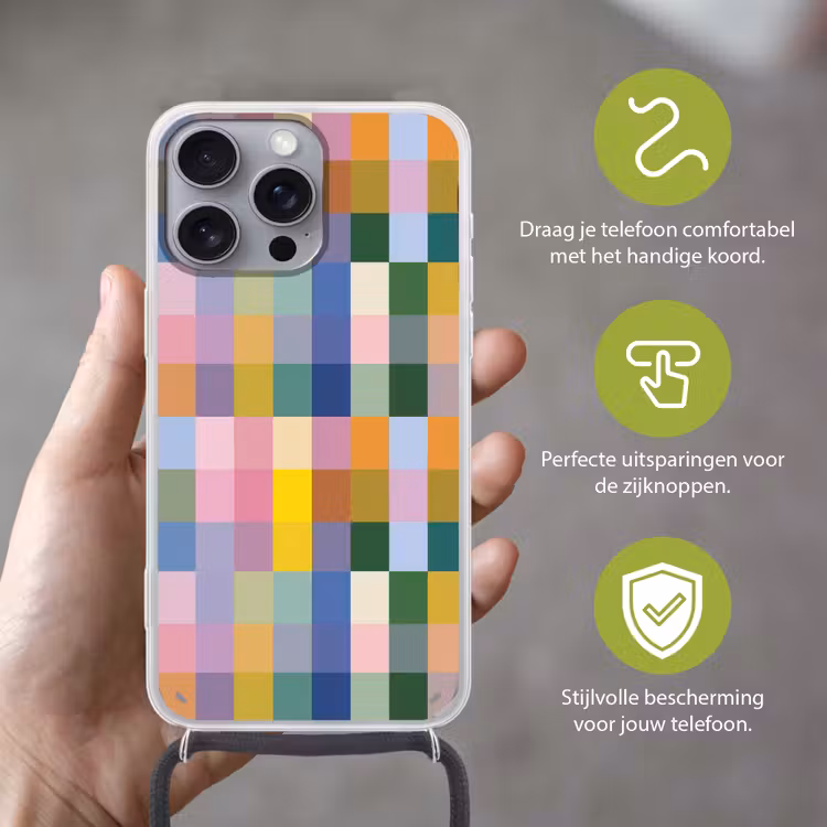 Blokken - Vierkant - Patroon - Gekleurd Hoesje iPhone 16 Pro Max met koord klein -sfeer2_NL