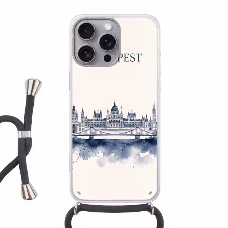 Boedapest - Skyline - Architectuur - Aquarel - Blauw Hoesje iPhone 16 Pro Max met koord klein -3d