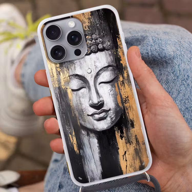Boedhha - Penseelstreken - Goud - Abstract Hoesje iPhone 16 Pro Max met koord klein -sfeer3