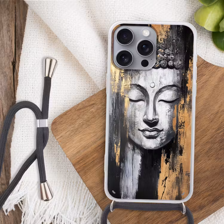 Boedhha - Penseelstreken - Goud - Abstract Hoesje iPhone 16 Pro Max met koord klein -sfeer4