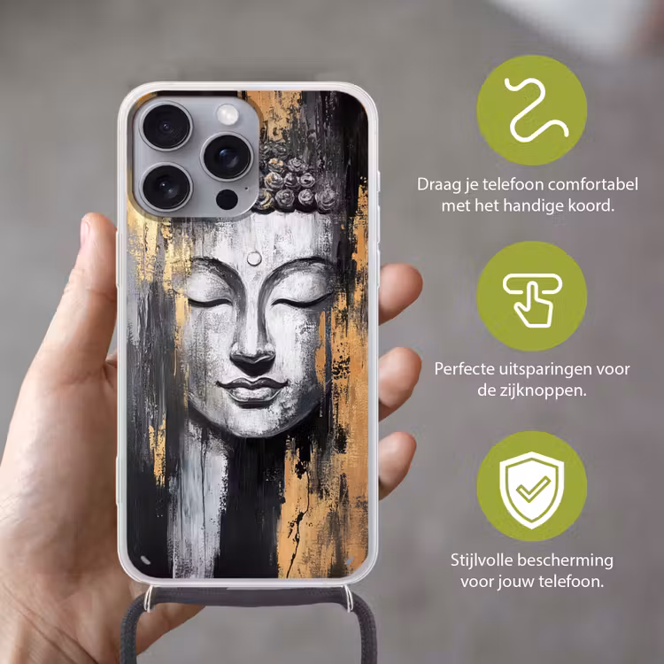 Boedhha - Penseelstreken - Goud - Abstract Hoesje iPhone 16 Pro Max met koord klein -sfeer2_NL