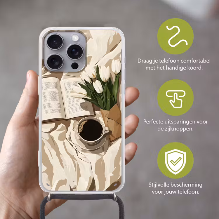 Boek - Illustratie - Tulpen - Koffie Hoesje iPhone 16 Pro Max met koord klein -sfeer2_NL