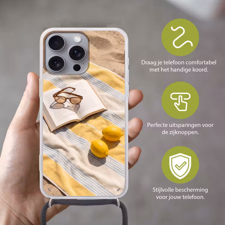 Boek - Zonnebril - Strand - Zomer - Geel Hoesje iPhone 16 Pro Max met koord klein -sfeer2_NL
