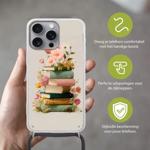 Boeken - Stapel - Bloemen - Kleurrijk Hoesje iPhone 16 Pro Max met koord klein -sfeer2_NL