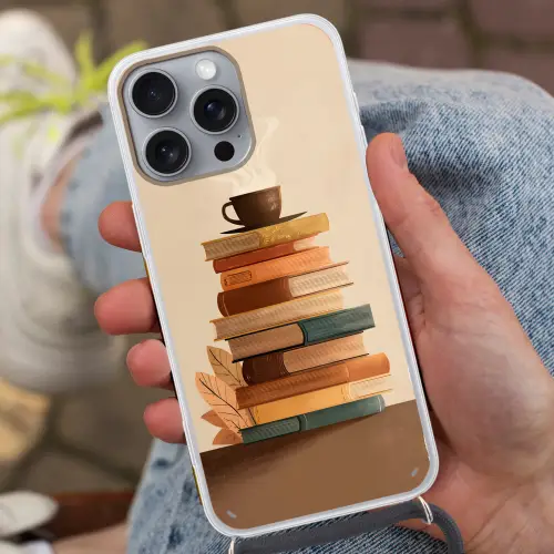 Boeken - Toren - Koffie - Beige Hoesje iPhone 16 Pro Max met koord klein -sfeer3