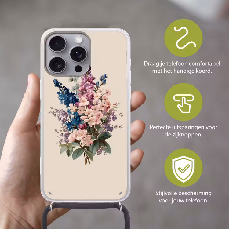 Boeket - Beige - Harmonieus - Subtiel Hoesje iPhone 16 Pro Max met koord klein -sfeer2_NL