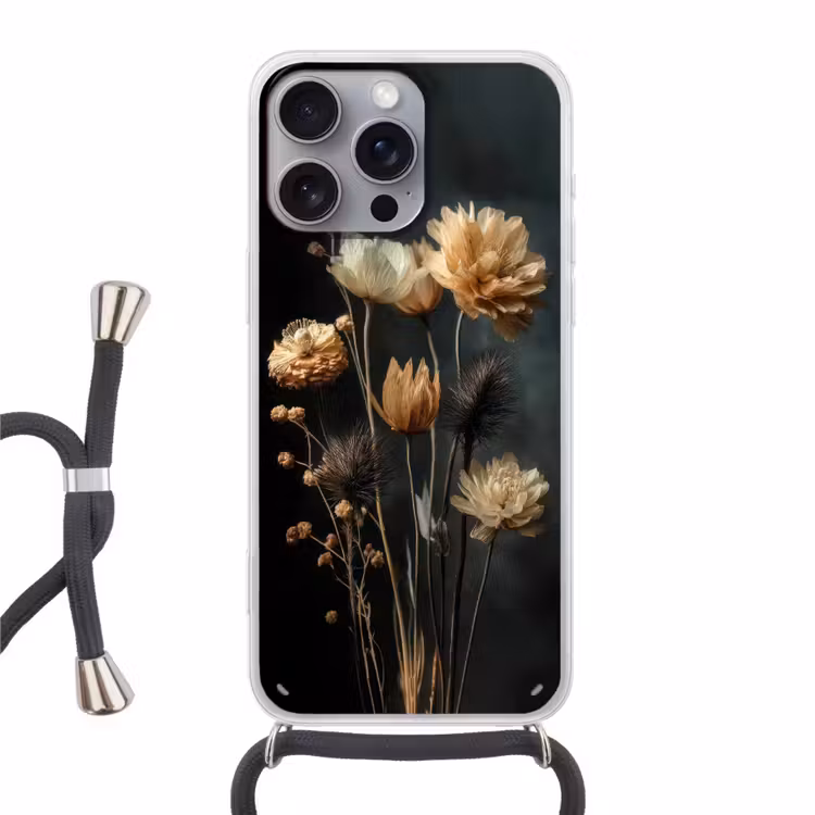 Boeket - Bloemen - Licht - Zwart Hoesje iPhone 16 Pro Max met koord klein -3d