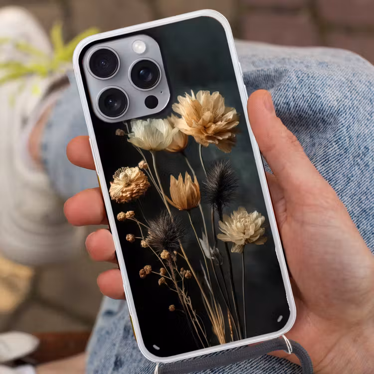 Boeket - Bloemen - Licht - Zwart Hoesje iPhone 16 Pro Max met koord klein -sfeer3
