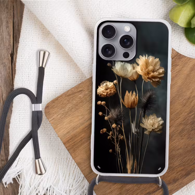 Boeket - Bloemen - Licht - Zwart Hoesje iPhone 16 Pro Max met koord klein -sfeer4