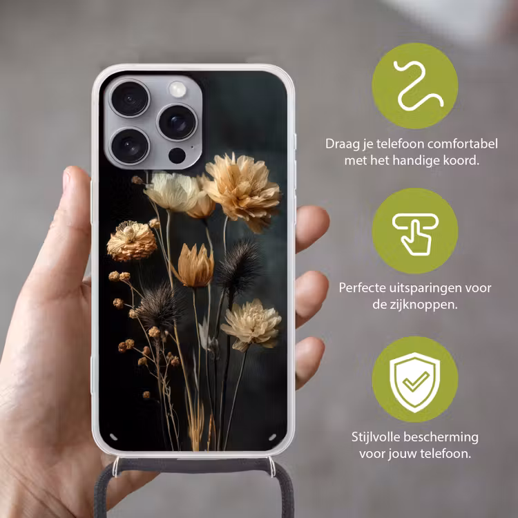 Boeket - Bloemen - Licht - Zwart Hoesje iPhone 16 Pro Max met koord klein -sfeer2_NL