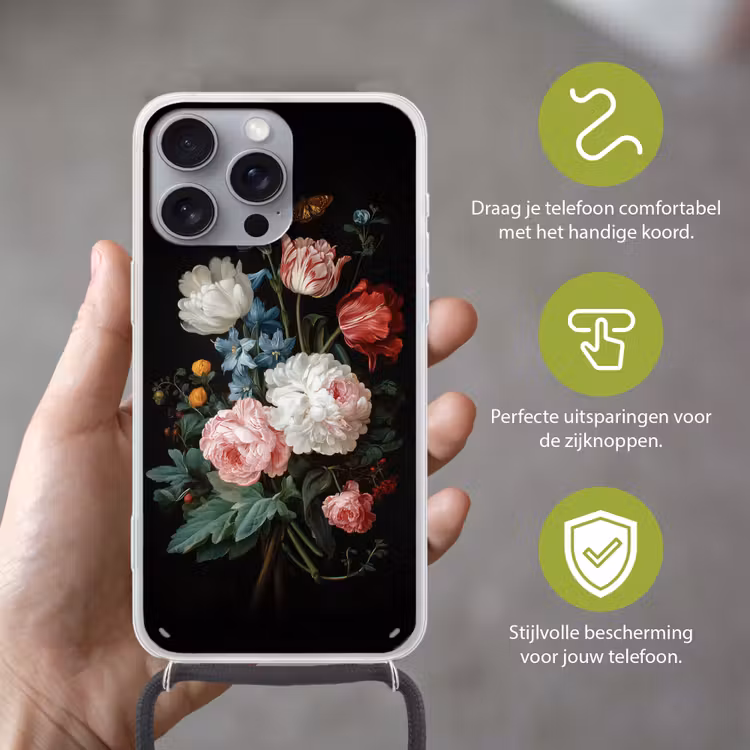 Boeket - Kleurrijk - Klassiek Hoesje iPhone 16 Pro Max met koord klein -sfeer2_NL