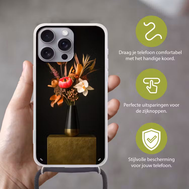 Boeket - Oranje - Gouden - vaas Hoesje iPhone 16 Pro Max met koord klein -sfeer2_NL
