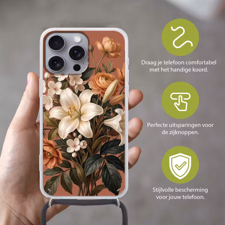 Boeket - Retro - Kleurrijk Hoesje iPhone 16 Pro Max met koord klein -sfeer2_NL