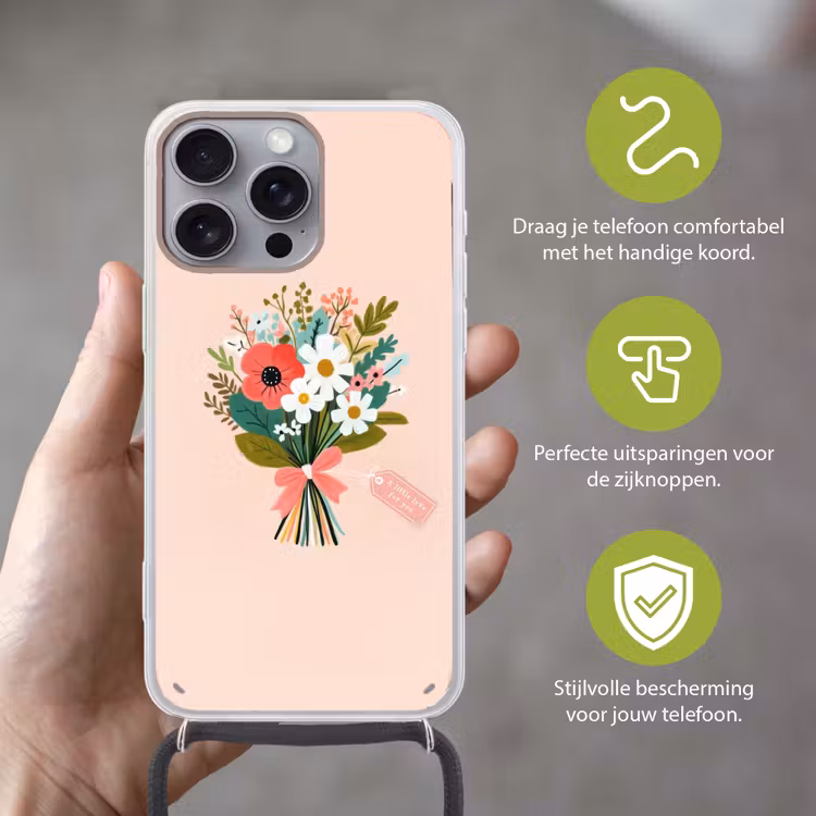Boeket - Strikje - Kaartje - Quote Hoesje iPhone 16 Pro Max met koord klein -sfeer2_NL