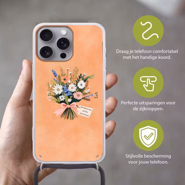 Boeket - Strikje - Quote Hoesje iPhone 16 Pro Max met koord klein -sfeer2_NL