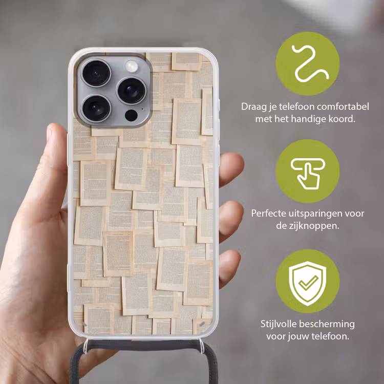 Boekpagina - Collage - Literatuur - Vintage - Beige Hoesje iPhone 16 Pro Max met koord klein -sfeer2_NL