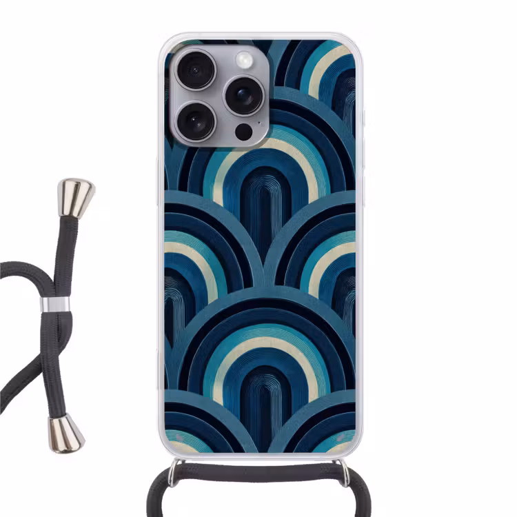 Bogen - Geometrisch - Patroon - Blauw - Retro Hoesje iPhone 16 Pro Max met koord klein 804 -3d