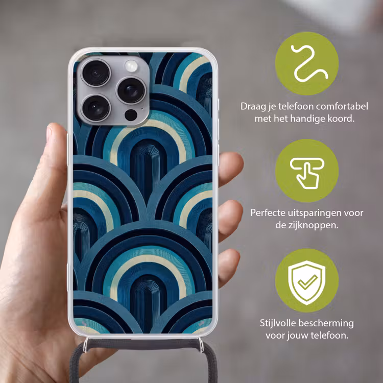 Bogen - Geometrisch - Patroon - Blauw - Retro Hoesje iPhone 16 Pro Max met koord klein 804 -sfeer2_NL
