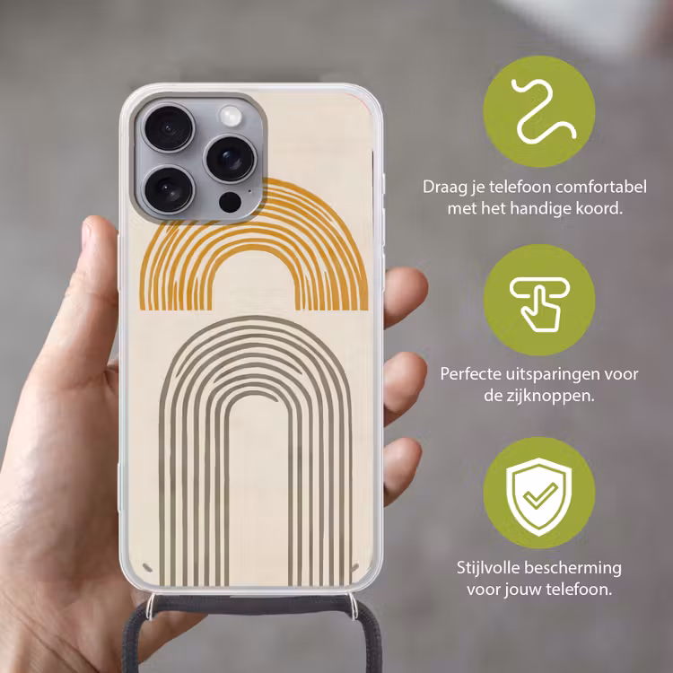 Bogen - Lijnen - Oranje - Minimalistisch Hoesje iPhone 16 Pro Max met koord klein -sfeer2_NL