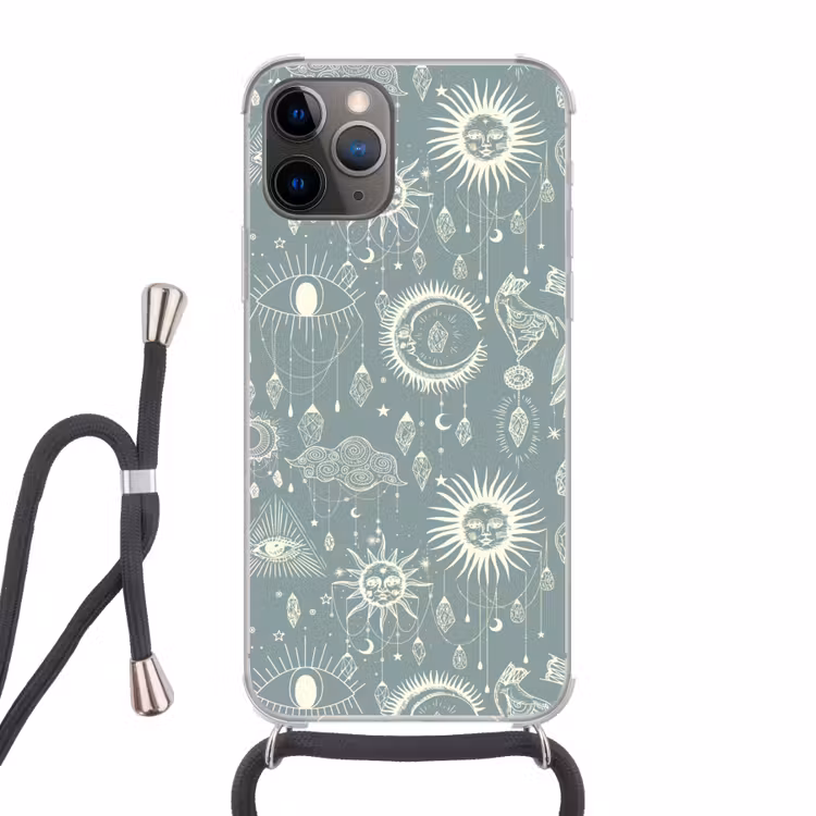 Boho - Print - Blauw - Zon - Ogen - Zen Hoesje iPhone 12 Pro met koord klein -3d