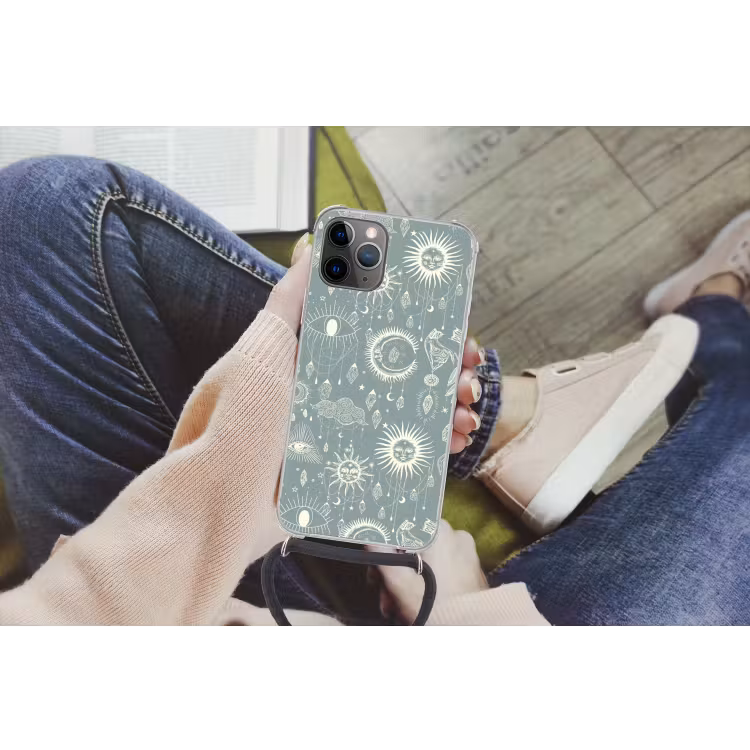 Boho - Print - Blauw - Zon - Ogen - Zen Hoesje iPhone 12 Pro met koord klein -hand