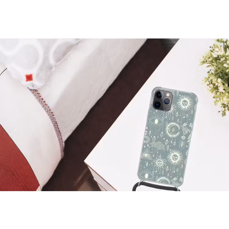Boho - Print - Blauw - Zon - Ogen - Zen Hoesje iPhone 12 Pro met koord klein -kamer