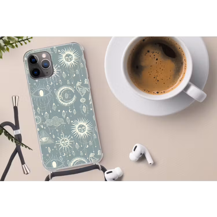 Boho - Print - Blauw - Zon - Ogen - Zen Hoesje iPhone 12 Pro met koord klein -oordop